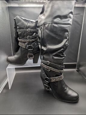 Not Rated "NWOT" Black Rhinestone Strap Mid-Calf Heeled Boots